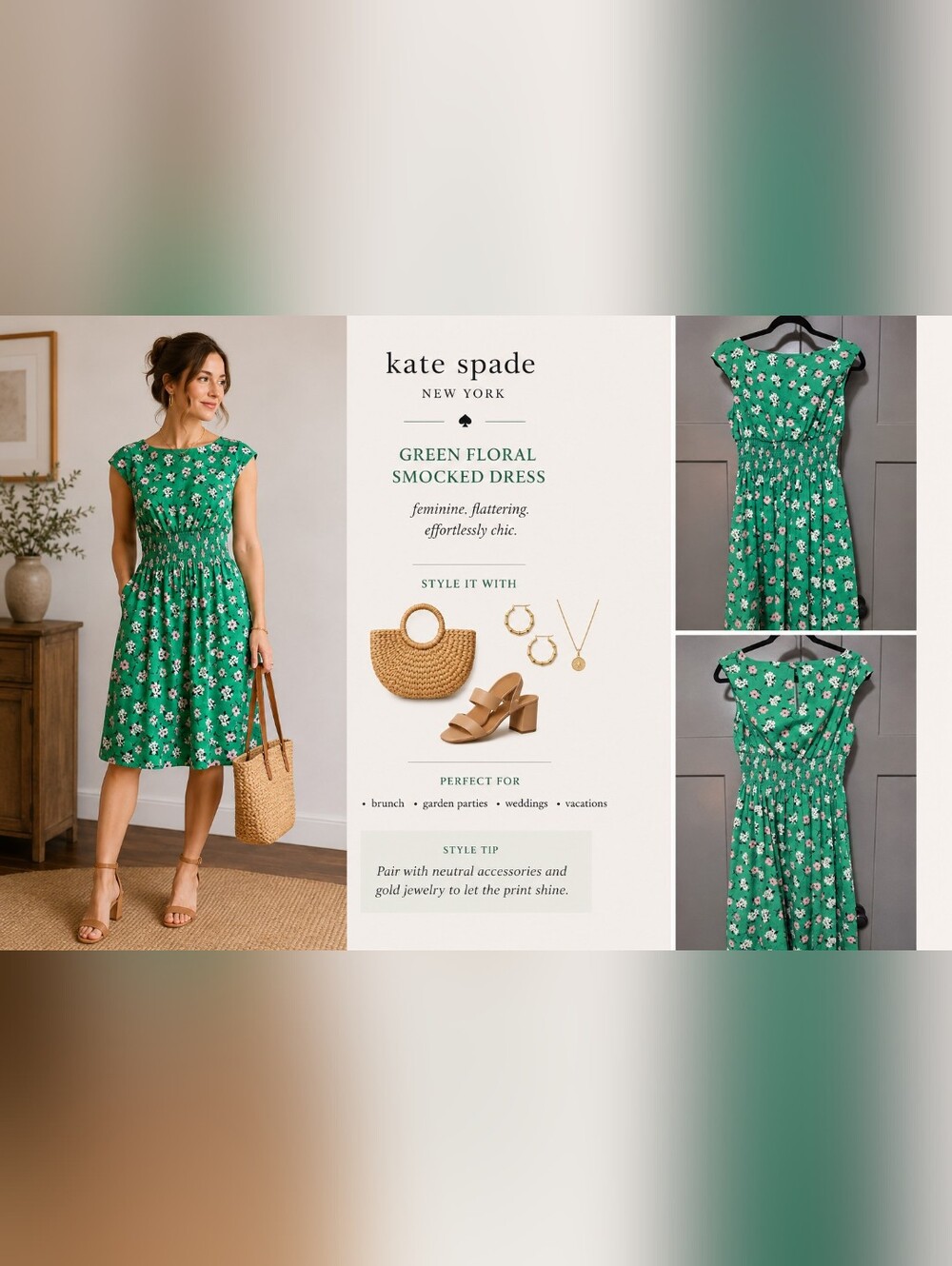 Kate Spade Lily Blooms Blaire Dress Wintergreen Floral Smocked Waist Cap Sleeve